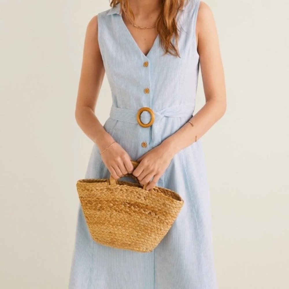 Mango MNG Basics White Blue Stripe Belted Dress 4